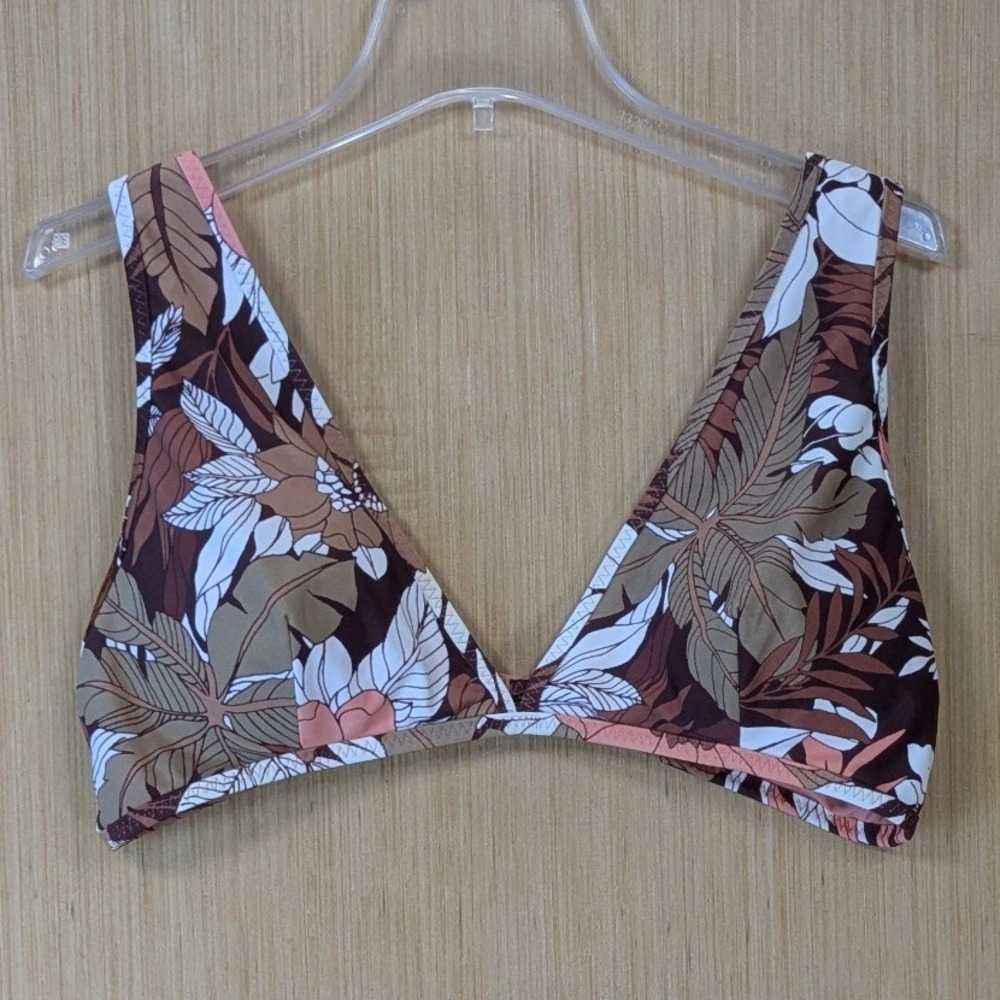 Aerie Brown Tropical Floral V-Neck Scoop Bikini Top XXL TTG Brown Coral White